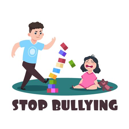 Angry kids. Bad boy and crying little girl. Stop bullying vector illustration. Bully boy has conflict with crying girlのイラスト素材