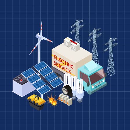 Electric service vector isometric composition with energy safety elements. Illustration of energy power, electric service 3dのイラスト素材