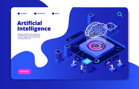 Artificial intelligence concept. Ai smart technology brain networking neural intelligent solutions futuristic landing vector page. Ai intelligence, brain artificial, digital intellect illustrationのイラスト素材