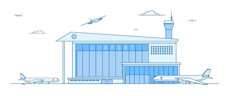 Airport buildings. Landing airplanes international terminal building aircraft runway business cargo transportation line vector concept. Building airport, plane departure and arrive illustrationのイラスト素材
