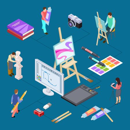 Isometric graphic design, art vector concept. Digital and traditional art illustration. Sculptin and drawing, hobby and craftのイラスト素材