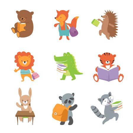 Cute school animals. Bear and fox, lion and crocodile, tiger and panda. Vector school baby animals set. Illustration of bear and crocodile, koala and tigerのイラスト素材