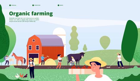 Farmer landing page. Agricultural workers work with equipment in nature, agriculture and organic farming vector concept. Farmer agriculture, farm work agricultural illustrationのイラスト素材