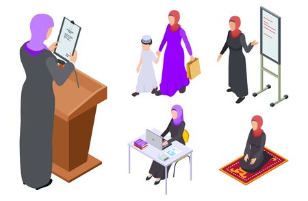 Isometric arab woman vector design. Muslim businesswoman, teacher, mother, student. Arabian teacher and islam lady pray illustrationのイラスト素材