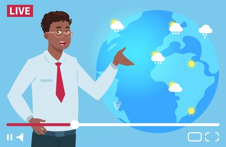 Man anchorman wheather channel vector illustration. Worldwide weather forecast concept. Weather news tv, forecast reporter about rain and sunのイラスト素材