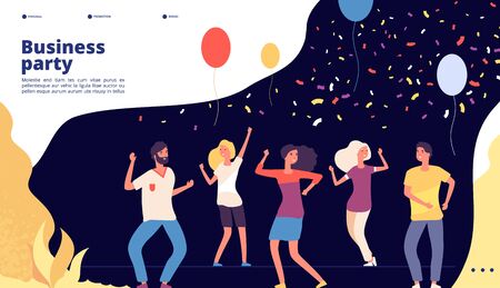 Party landing. Happy young persons dance, celebrate on corporate business party, joyful crowd dancing web page vector design. Party company together, celebrate colleague illustrationのイラスト素材