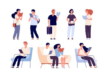 People read. Persons reading books sit on chair in bookstore book festival. Students studying in library vector isolated characters. Education knowledge, student man and woman learn illustrationのイラスト素材