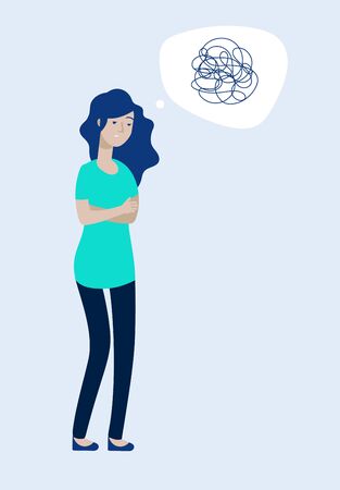 Depressed woman concept. Female feels depression, messy complicated mind, unhappy teen. Solitude grief stress anxiety headache vector. Illustration of unhappy and sad, depressed girl, person sadnessのイラスト素材