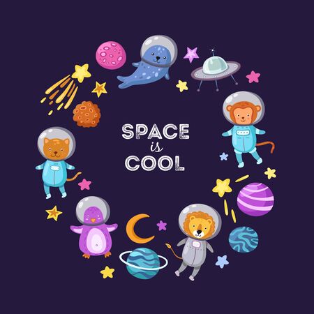 Space animals background. Cute baby animal astronauts flying kid pets cosmonauts cartoon funny spaceman science vector poster. Astronaut and spaceship, penguin and monkey, lion and seal illustrationのイラスト素材