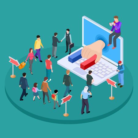 Isometric promotion vector concept. Marketing and advertising, attracting people. Isometric marketing promotion, people magnet to content illustrationのイラスト素材