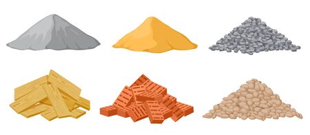 Construction material piles. Gypsum and sand, crushed and stones, red bricks and wooden planks heaps isolated vector set. Industrial plywood, panel and pile of bricks and sand illustration