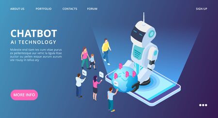 Chatbot landing page. Artificial intelligence vector web banner. Isometric AI robot with people and earth. Illustration of isometric robot ai, intelligence artificial virtualのイラスト素材