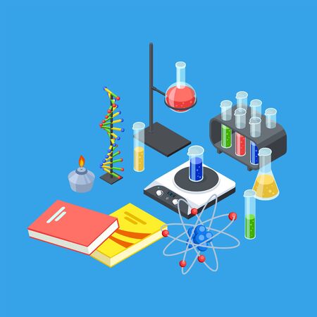 Isometric chemistry equipment. Vector test tubes and beakers, atom and dna model. Illustration of chemistry research laboratory, science isometric experimentのイラスト素材