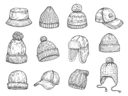 Doodle caps. Knitted winter hats, hand drawn warm cap vector isolated collection. Hat for winter, cap warm drawn illustrationのイラスト素材