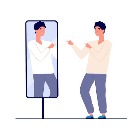 Man at mirror. guy self looking reflection, love of self. narcissism and vanity. egotism mirrored vector concept. Illustration of look selfishness, narcissistic and admiringのイラスト素材