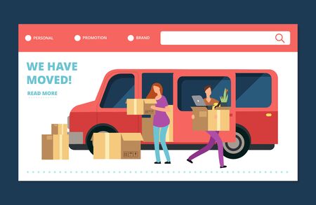 Moving house vector web banner. We have moved landing page template. Move and relocate, delivery service transfer moving illustrationのイラスト素材