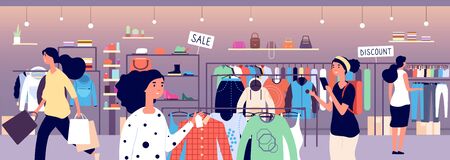 Women in clothing store. People shoppers choosing fashion clothes in boutique. Garment shop interior vector concept. Illustration of boutique clothing, fashion store mallのイラスト素材