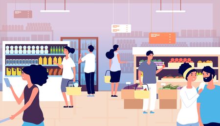 People in grocery store. Persons buy food, vegetables in supermarket. Shopping customers choosing products. Cartoon vector concept. Grocery market with food, store and shop retail illustrationのイラスト素材