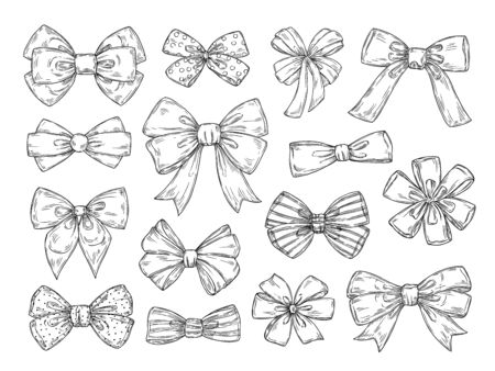 Hand drawn bow. Fashion tie bows accessories sketch doodles tied ribbons. Vintage isolated vector set. Scribble hand drawn classic, white black satin, bowtie silk illustrationのイラスト素材