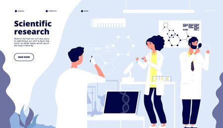 Scientific research landing. Scientists in pharmaceutical drug laboratory, researchers in lab with nano elements. Medical vector page. Illustration of research scientist, science lab experimentのイラスト素材