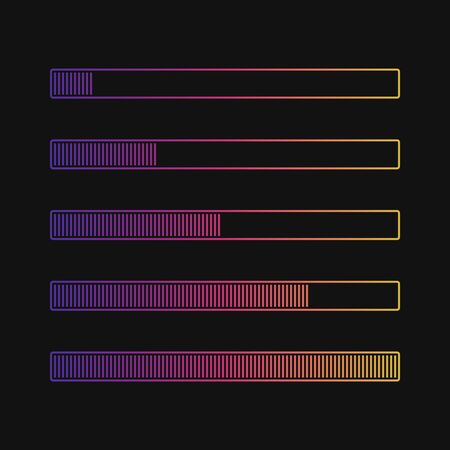 Loading progress bar vector isolated on black background. Progress bar load, download interface, website upload indication illustrationのイラスト素材