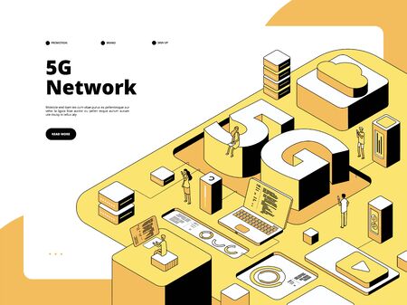 5g concept. Wifi broadcasting 5g technology, speed internet in smartphone. Global network hotspot isometric landing page. 5g network generation, connection and telecommunication illustrationのイラスト素材