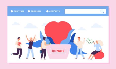Philanthrophy landing page. Charity or donation vector banner template with heart and volunteers. Illustration donation assistance, philanthropy and donate helpのイラスト素材