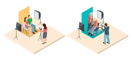 Photo shoot isometric. Young and elderly couples and professional photographers. Vector professional photo session illustration. Professional photography take photo in studioのイラスト素材