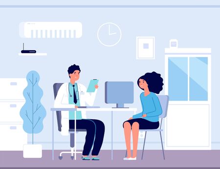 Patient in doctor office. Physician medical consulting. Diagnosis treatment patients in hospital, healthcare vector concept. Diagnosis patient and care, treatment healthcareのイラスト素材