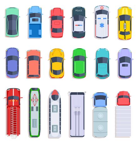 Top view public transport. Taxi and police car, city bus and ambulance vehicle. Delivery truck, train and fire engine flat vector set. Fire autotruck, train vehicle, automobile top view illustrationのイラスト素材