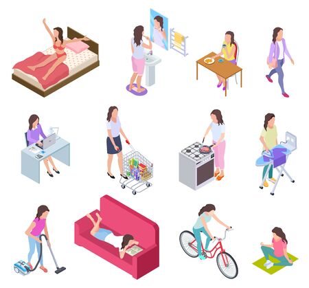 Woman daily routine. Housewife ironing and shopping, doing fitness and cooking. Female everyday lifestyle isometric vector characters. Illustration routine daily activity, girl breakfast, houseworkのイラスト素材