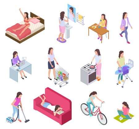 Woman daily routine. Housewife ironing and shopping, doing fitness and cooking. Female everyday lifestyle isometric vector characters. Illustration routine daily activity, girl breakfast, housework