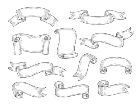 Hand drawn ribbons. Sketch banner ribbon engraved old labels isolated vintage design vector elements. Illustration sketch engraving, tape stripe, banner grunge scrollのイラスト素材