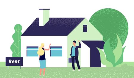 Rental concept. Young woman and real estate agent. Girl rents house vector illustration. Realtor show residential home for rentalのイラスト素材