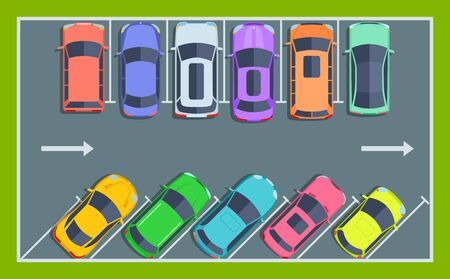Car parking top view. City public parking spaces for cars, parked cars zone vector concept. Carpark auto, city public parl zone illustrationのイラスト素材