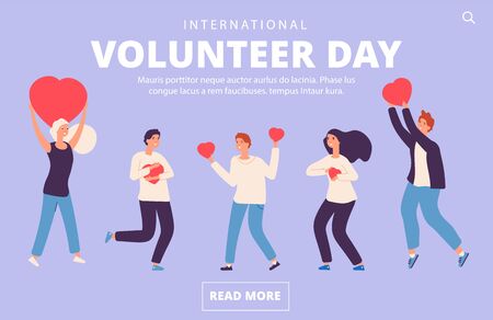 Volunteer day concept. Charity, volunteering vector landing page template. Illustration charity and volunteer day banner, help peopleのイラスト素材