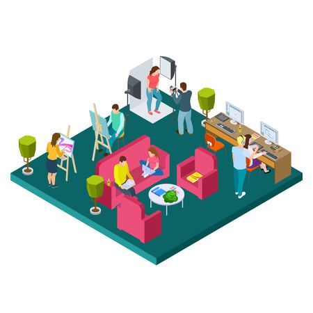 Open art space isometric vector concept. Illustration of artists, designers, photographers in co-working zone. Creative artist equipment, interior designer spaceのイラスト素材