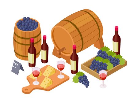 Wine tasting concept. Isometric wine, wooden barrels, glasses, grapes. Vector wine illustration. Wine drink , barrel and bottle, alcohol tasting made from grapesのイラスト素材