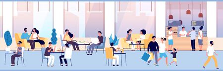 People in restaurant. Guys eating at dinner table in cafe. Teenagers snacking meal in food court, cafeteria interior vector concept. Illustration restaurant dinner, cafe with people have lunchのイラスト素材