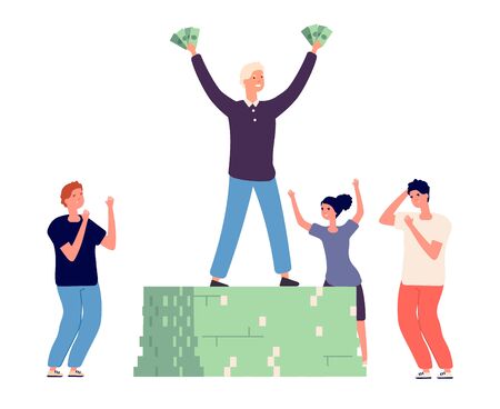 Success and envy. Rich happy man and angry conflicted people vector characters. Illustration success man achievement, financial achieve and envy peopleのイラスト素材