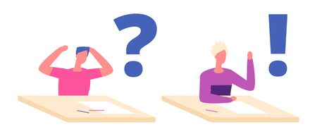 Student problem solution concept. Troubled man student at desk thinking with question mark. Examination illustration. Student has problem examination with questionのイラスト素材