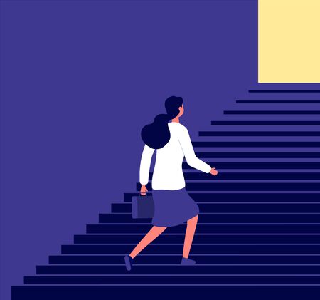Businesswoman walking up stairs. Successful business pathway career, progression steps planning, female career growth vector. Businesswoman walking to achievement career, step success way illustrationのイラスト素材