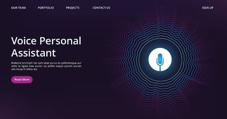 Voice assistant landing. Web page template with vector sound wave and microphone. Illustration voice assistant technology, microphone personal helpのイラスト素材