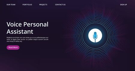 Voice assistant landing. Web page template with vector sound wave and microphone. Illustration voice assistant technology, microphone personal help