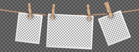 Retro photo frames hanging on rope isolated on transparent background, frames templates for digital photos vector set. Illustration photo frame blank hang on ropeのイラスト素材