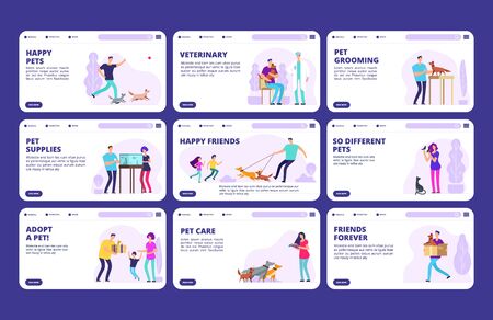 People with pets landing pages template. Vector characters people, dogs, cats, birds. Website veterinary and grooming pets illustrationのイラスト素材