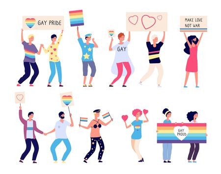 Pride parade. Lgbt people with rainbow flags, gays and lesbians walking on demonstration. Lgbt rights festival vector concept. Illustration pride lgbt lesbian paradeのイラスト素材
