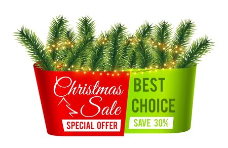 Christmas sale banner. Christmas tree branches advertising background. Special offer, discount vector illustration. Discount christmas advertising, sale xmasのイラスト素材