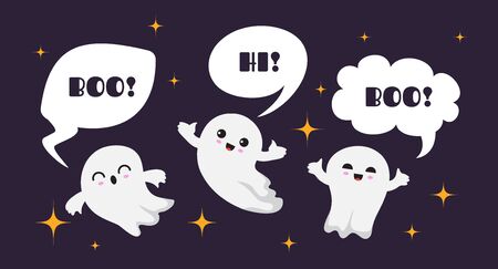 Cute happy ghosts. Flat ghost vector character. Halloween boo background. Illustration ghost halloween say hi and boo, autumn ghostlyのイラスト素材