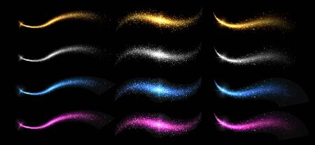 Sparkle stardust. Golden silver glittering magic vector waves. Shining elements isolated on black background. Illustration sparkle and glow wave, shine magic dustのイラスト素材